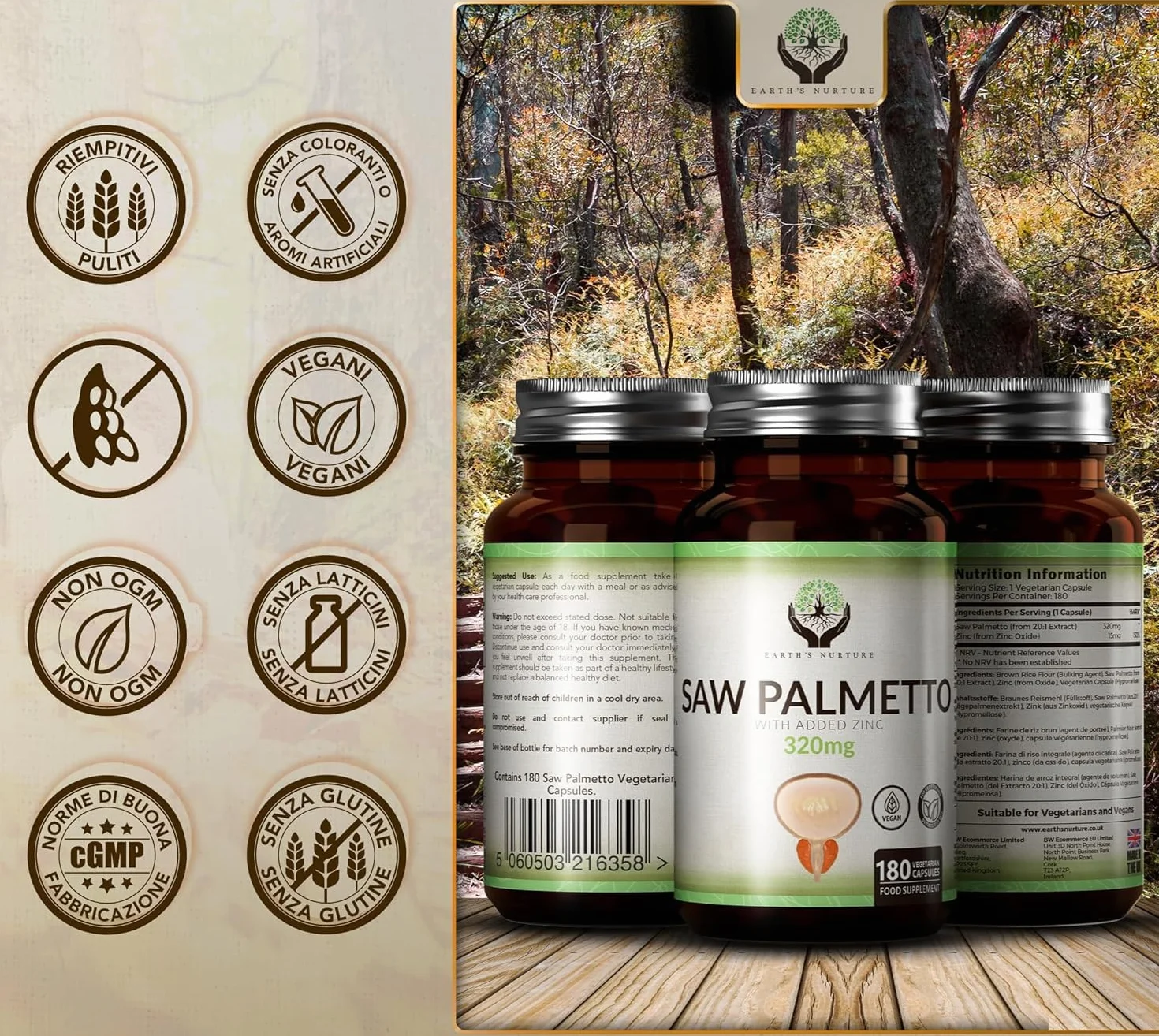 Saw Palmetto Prostata Integratore 180 Serenoa Repens Capsules 320mg con Zinco 15mg Non-OGM Senza Glutine