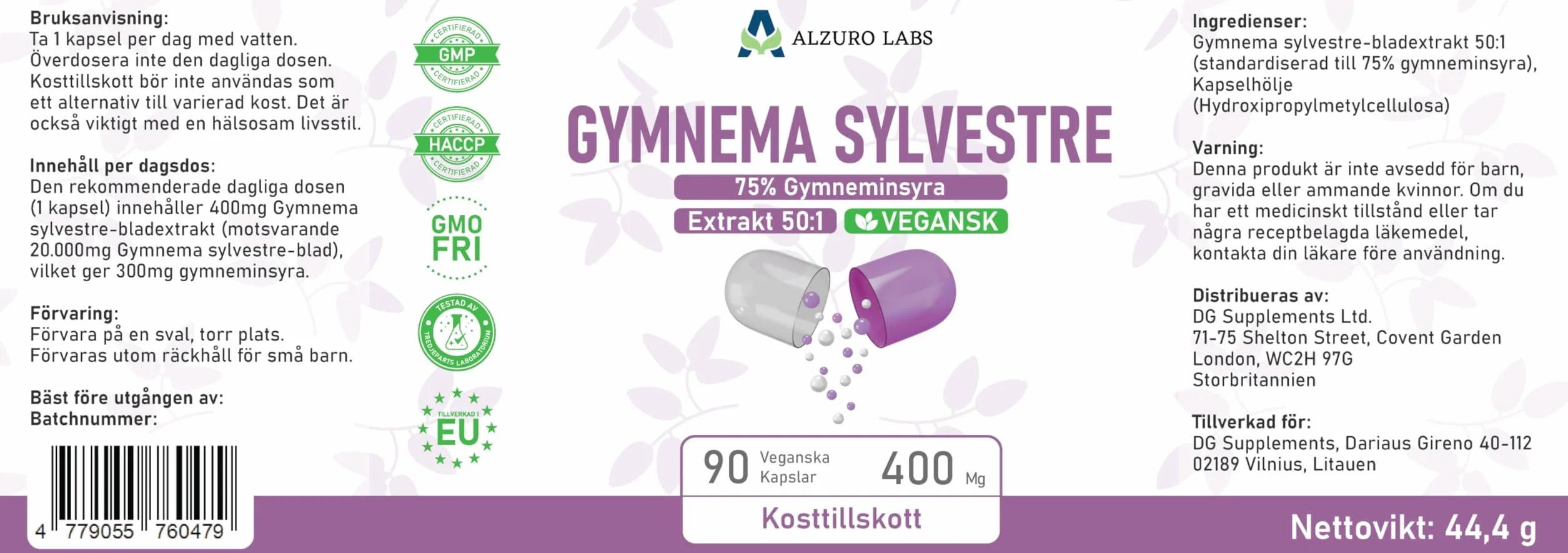 Gymnema Sylvestre 20,000mg Estratto 50:1 400mg 75% Acido Gymnemico 90 Capsule Vegane
