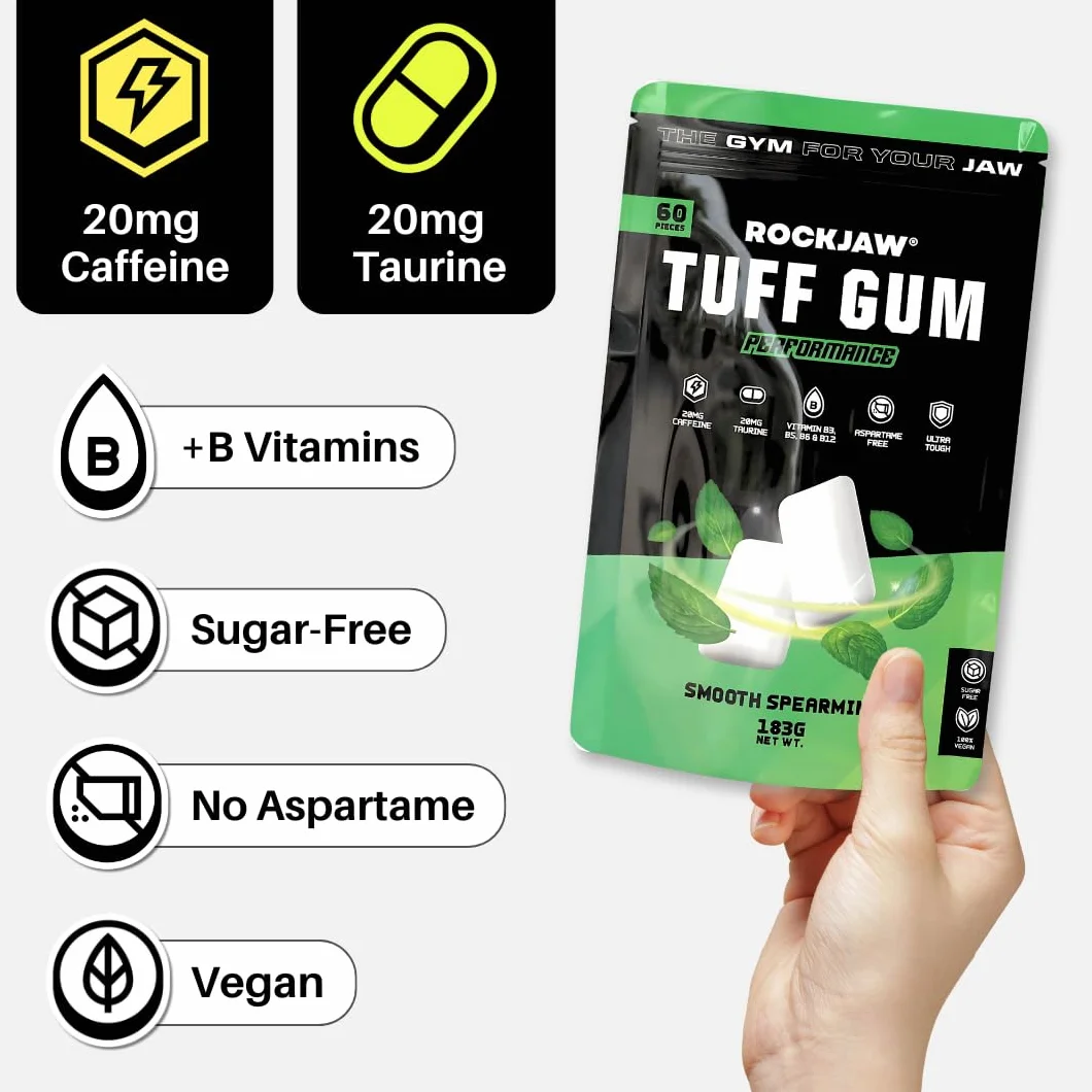 ROCKJAW Tuff Gum Performance Gomma da masticare per l'allenamento della mascella 40mg caffeina 40mg taurina Vitamine B 1350mg xilitolo