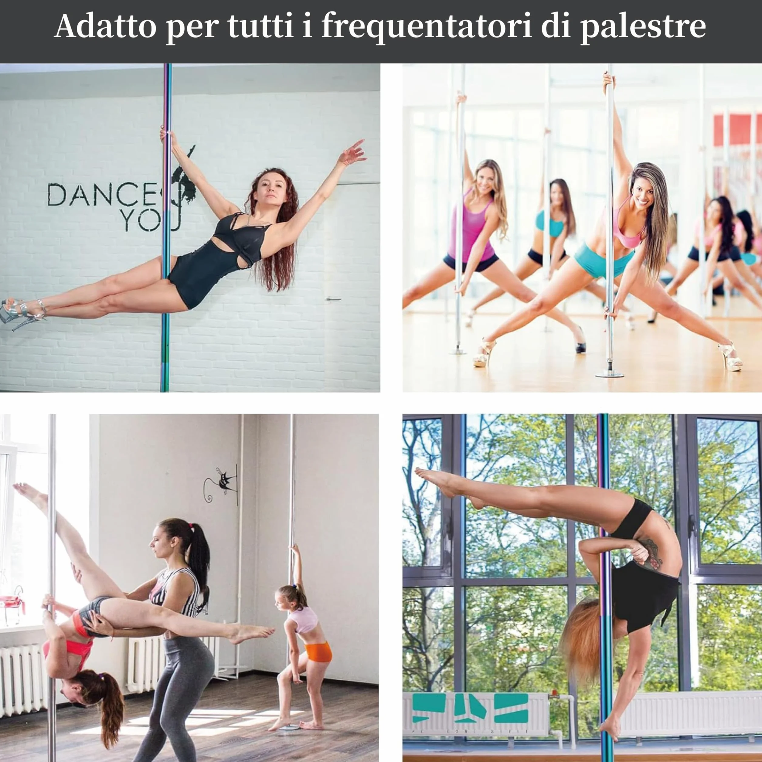 PRIOR FITNESS Set Palo da Ballo Fisso 45 mm, Palo Fitness Rotante/Statico, Piastra Fissa per Danza, con Certificazione CE
