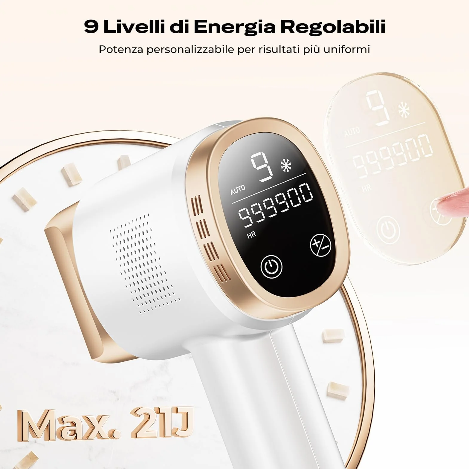 21J Epilatore Luce Pulsata con Raffreddamento a Ghiaccio 8°C, Epilatore Laser a 9 Livelli e Luce Rossa 600NM, Epilatore a Luce Pulsata Touchscreen per Uomini,Donne,Viso, Braccia, Zona Bikini, Corpo