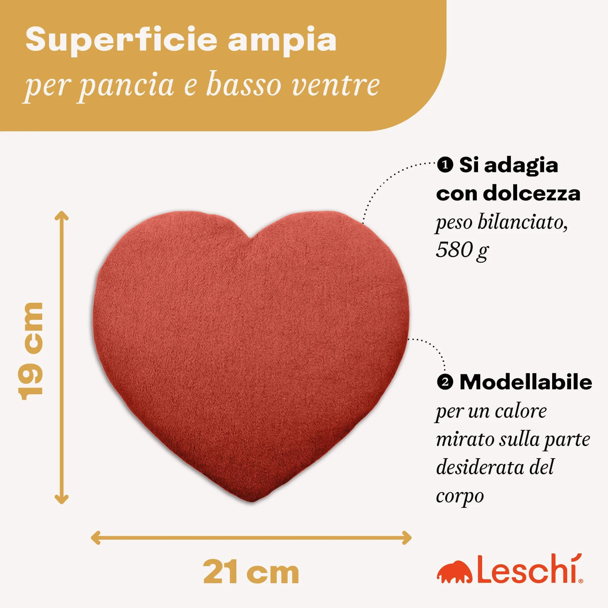 LESCHI Cuscino termico per microonde - In cotone bio con grano biologico - Cuscino riscaldante per dolori mestruali, alla pancia, schiena e zona lombare - Naturale, riutilizzabile - Cuore, rosso