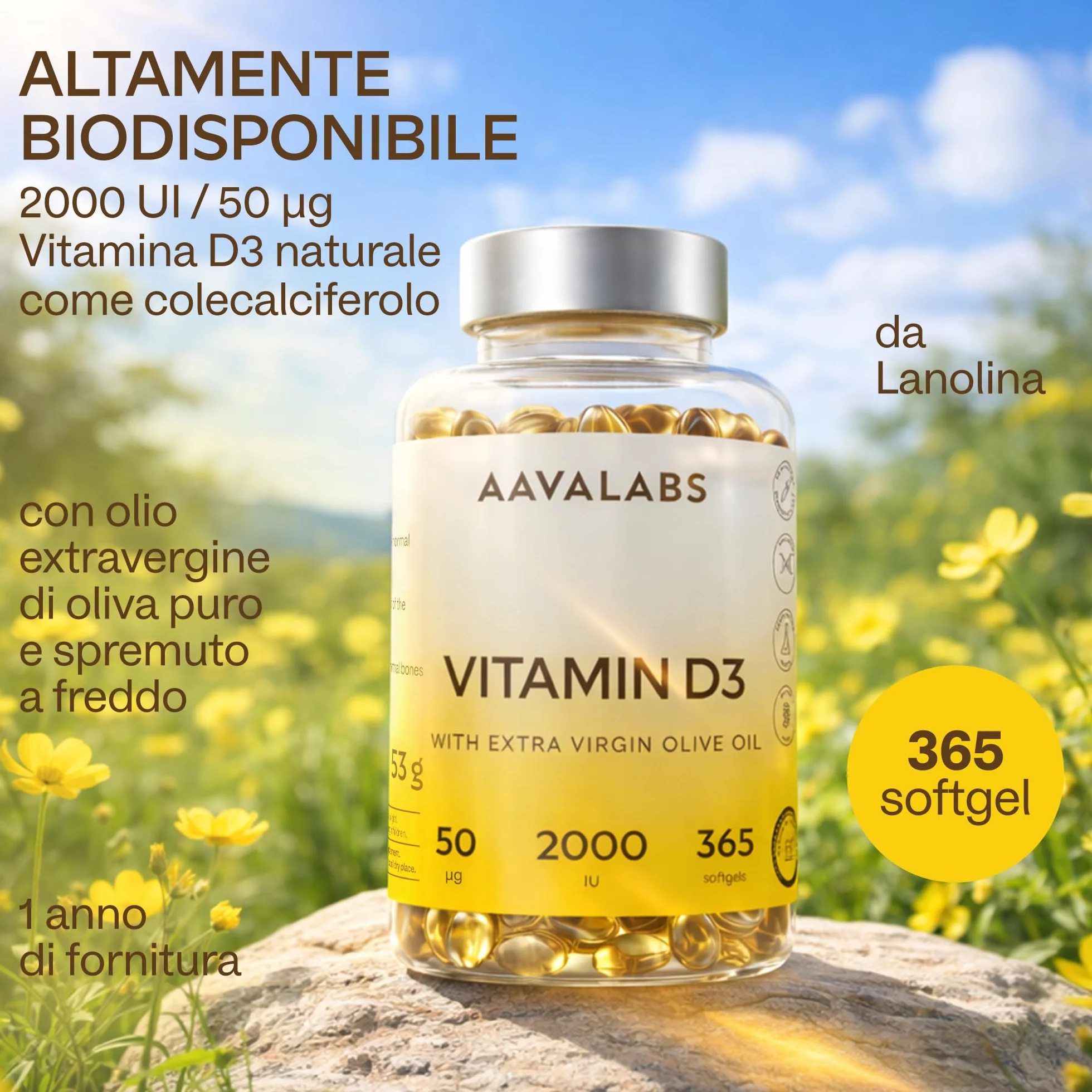 Vitamina D3 2000 UI [Fornitura di 1 Anno] - Integratore Vitamina D 2000 UI con Olio EVO per assorbimento ottimale - Non OGM - Contribuisce alla funzione ossea, muscolare e immunitaria - 365 Capsule