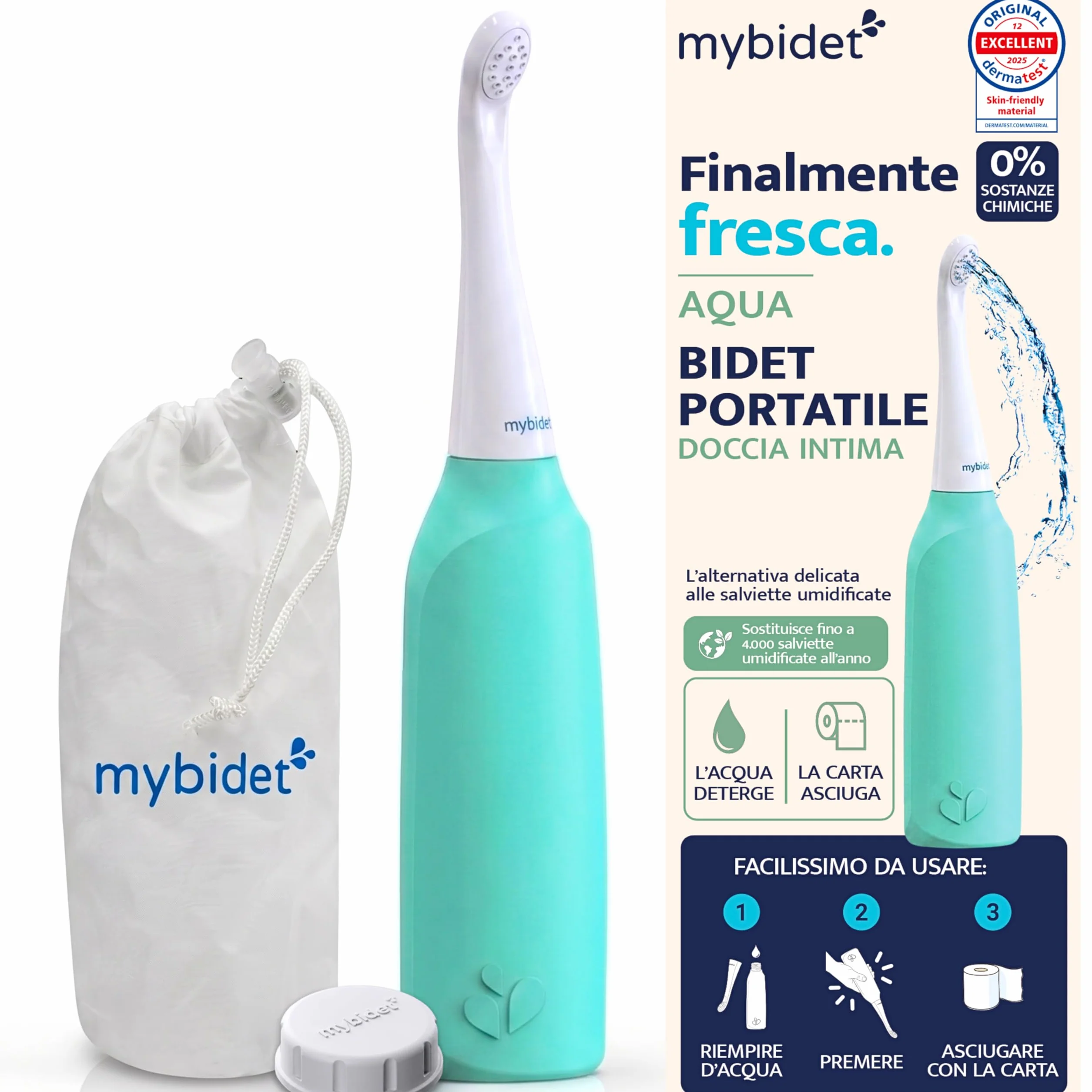 Doccia intima per glutei, 0% chimica, 100% acqua, senza batterie, sostenibile