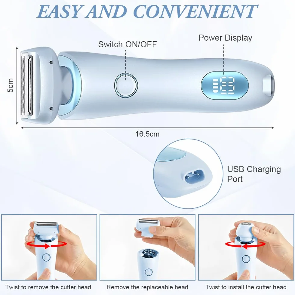 Rasoio Elettrico Donna Inguine, 2 in 1 IPX7 Rasoio Intimo ed Elettrico per Donne, Epilatore Viso Donna di Rimozione dei Peli per Bikini Ascelle Gambe Braccia E Viso, Ricaricabile Dry Wet