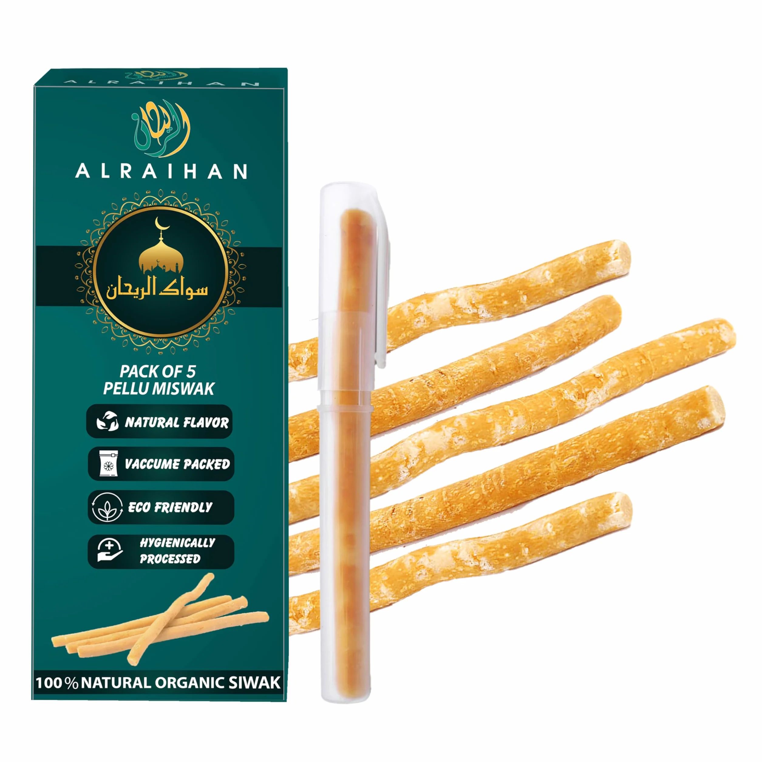 Miswak Bastoncini per la pulizia dei denti 5 pezzi con supporto - Spazzolino sigillato sapore naturale