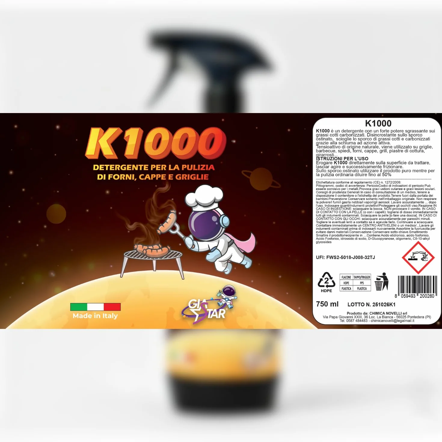 Detergente Pulizia Forno K1000 Sgrassatore 750 ml Made in Italy