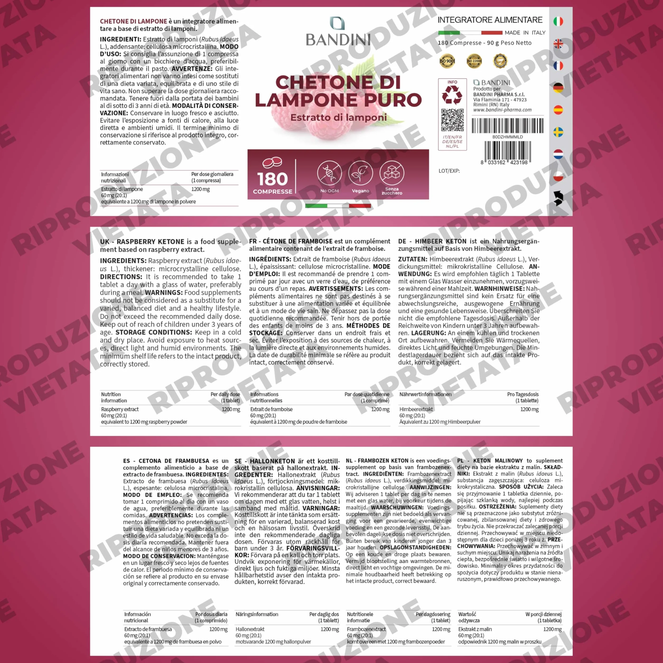 Bandini® Chetoni Esogeni di Lampone 1200mg - Integratore Vegano 180 Compresse