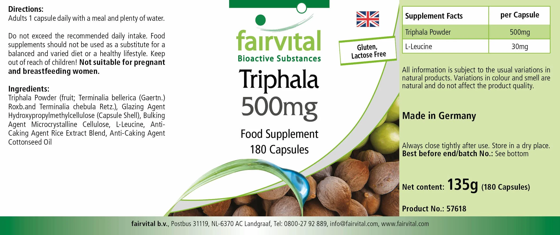 fairvital Triphala 500 mg, 180 capsule vegane, tripla frutta ayurvedica, Amalaki, Haritaki, Bibhitaki, qualità testata e ad alto dosaggio, Made in Germany