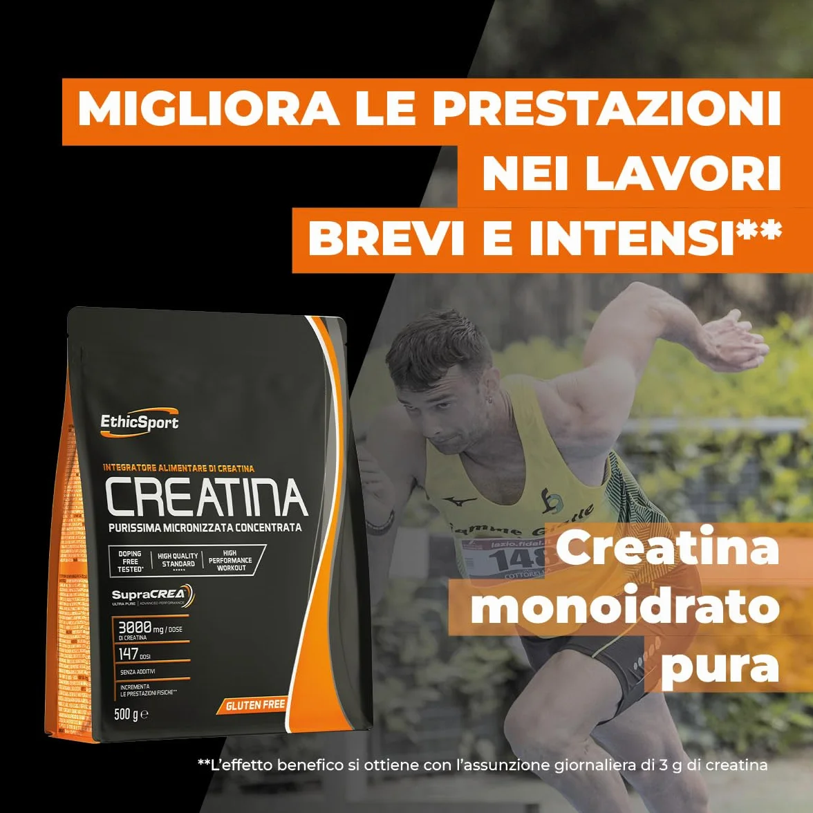 EthicSport CREATINA – Creatina monoidrato pura in polvere con SupraCREA™ – Incrementa le prestazioni fisiche in attività brevi e intense – elevata purezza, senza additivi – vegan, gluten free – 500 g