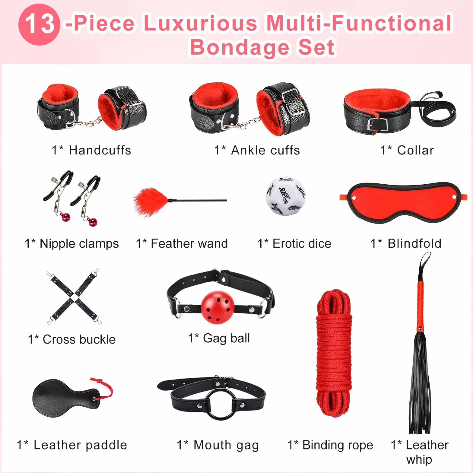 Set bondage nero e rosso kit di contenzione BDSM da 13 pezzi per coppie – Kit bondage per principianti accessorio per sesso estremo per donne e uomini set di contenzione per letto