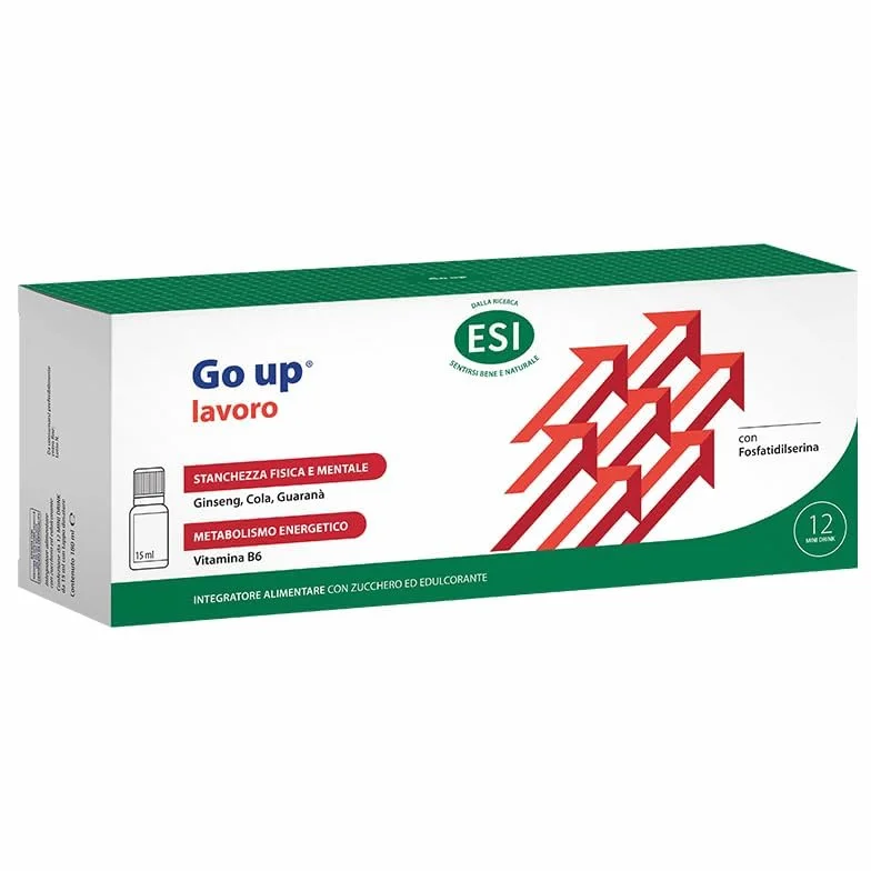 ESI - Go Up Lavoro, Integratore Alimentare a Base di Guaranà, Ginseng e Vitamina B6, Contrasta Stanchezza Fisica e Mentale, Gusto Mela Rossa, Senza Glutine e Vegetariano, 12 Mini Drink