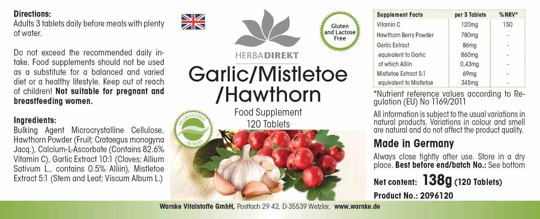 Biancospino vischio d'aglio - 120 compresse con vitamina C, altamente dosato, vegano | HERBADIREKT by Warnke Vitalstoffe - Qualità da farmacia tedesca