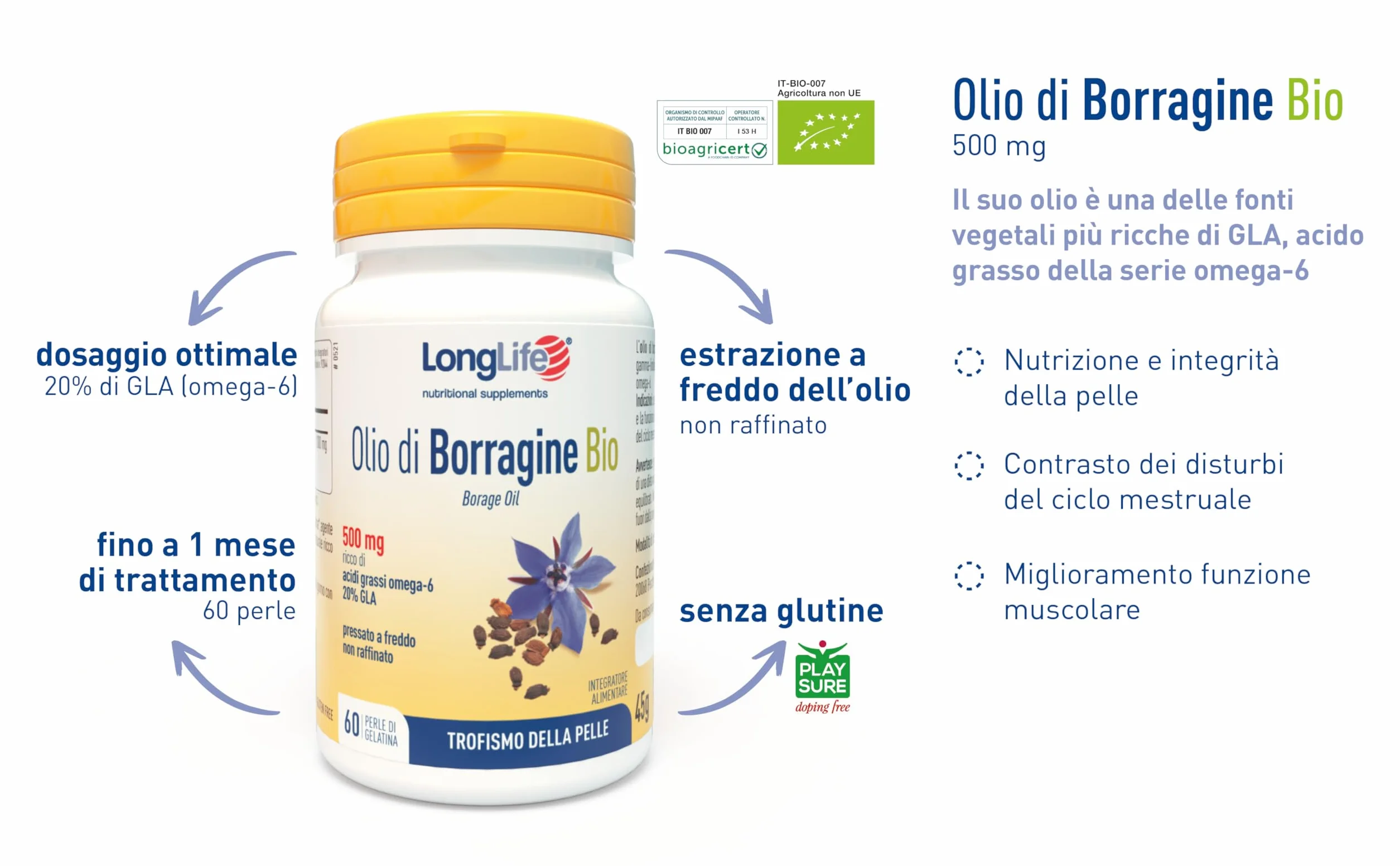 Olio di Borragine Bio 500mg Integratore GLA 20% Omega 6 60 Perle Biologico Senza Glutine