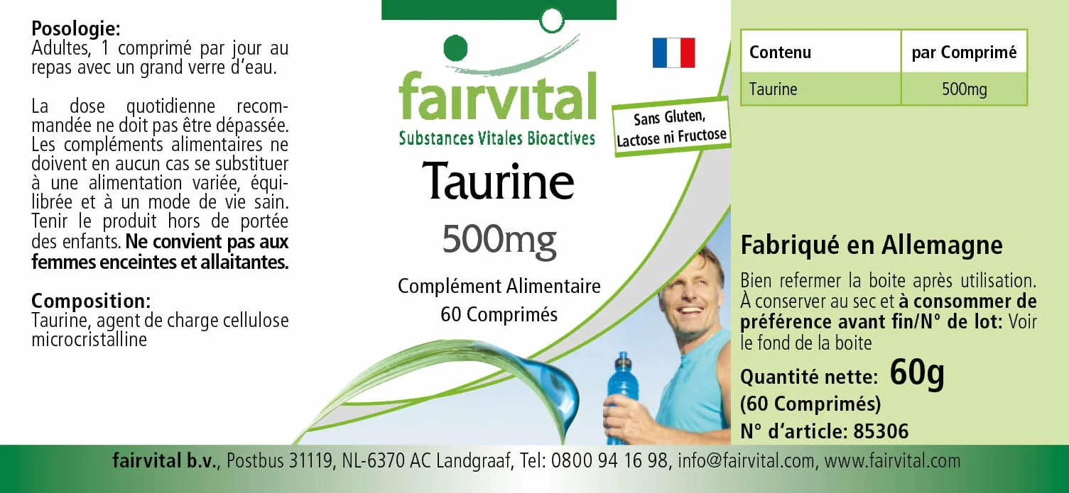 fairvital Taurina 500 mg, 60 compresse, ad alto dosaggio con 500 mg per compressa, VEGANO