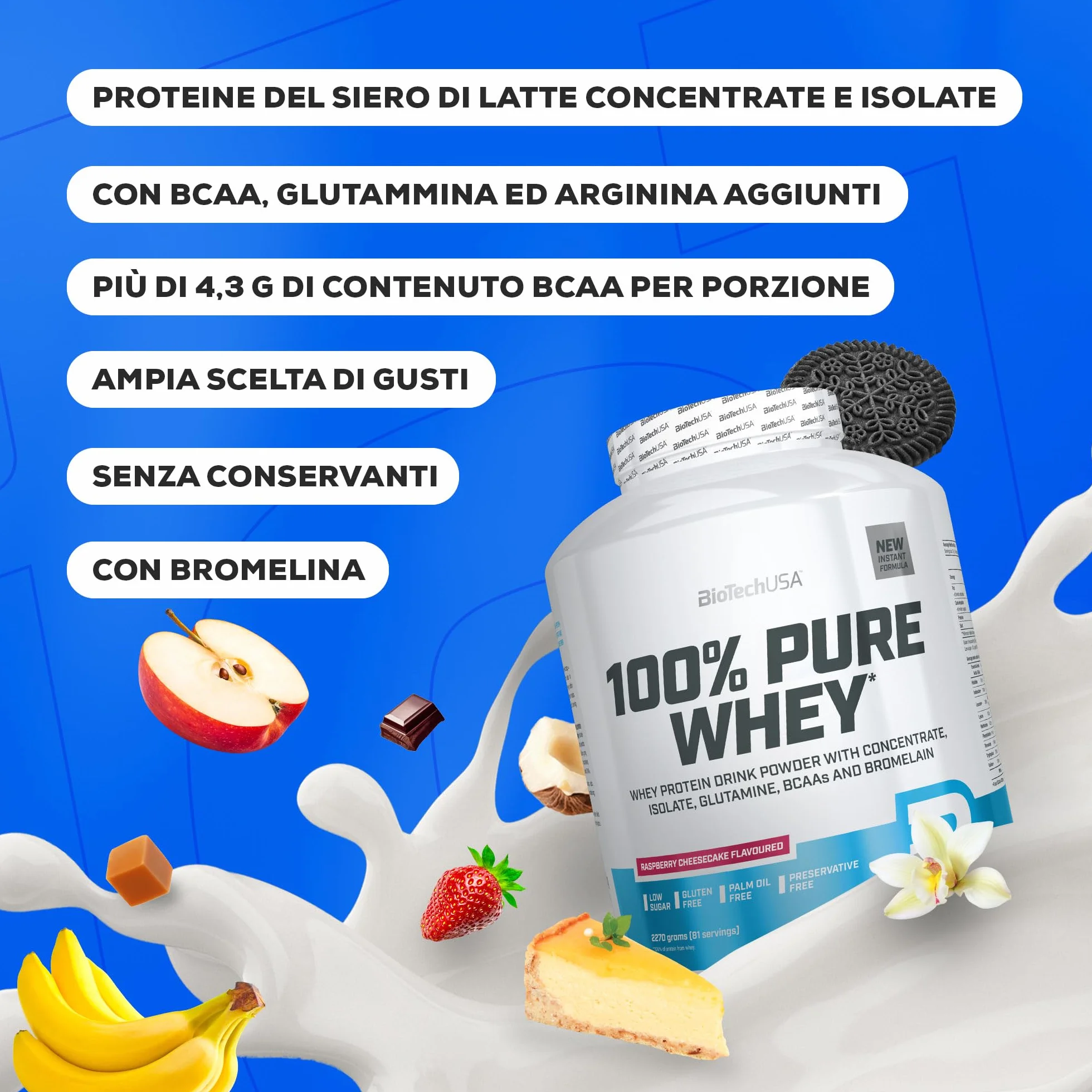 BioTechUSA 100% Pure Whey Proteine del siero di latte con bromelina, senza zuccheri, 1 kg, Cioccolato
