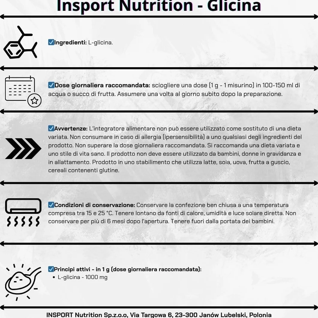 Glicina in Polvere 250g | L-Glicina Pura per Sistema Nervoso, Sonno e Muscoli | Integratore Antistress Naturale | INSPORT