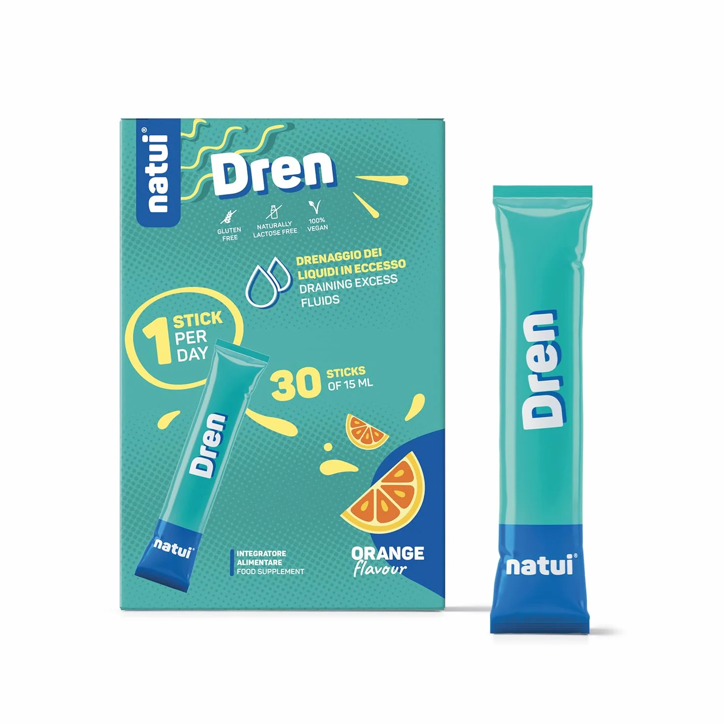 Natui Dren Integratore Drenante Forte Diuretico Naturale Ritenzione Idrica Detox Anticellulite Pilosella Equiseto Betulla Gusto Arancia Senza Glutine 30 Stick 15 ml