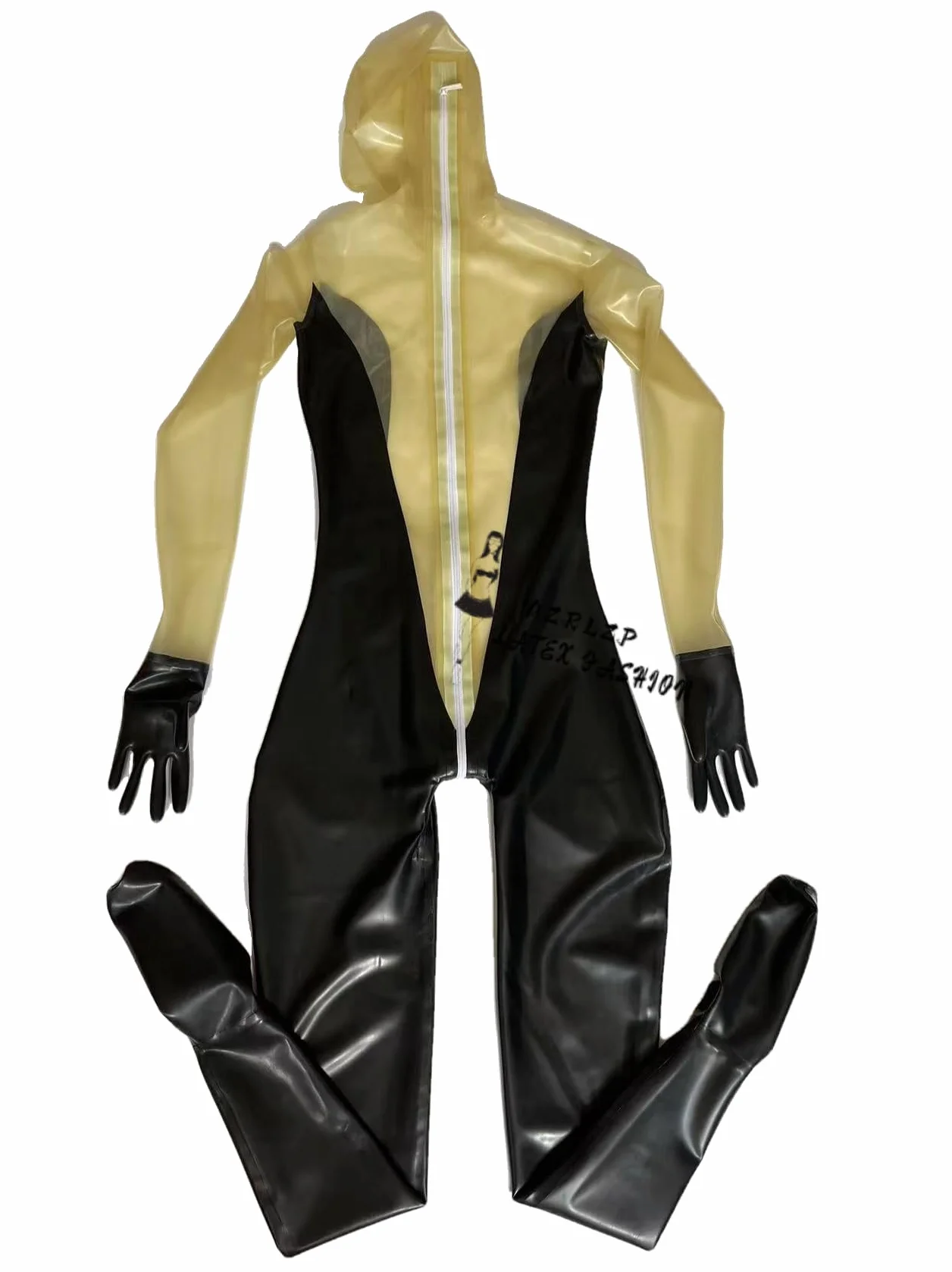 Tuta nera trasparente in lattice di gomma Catsuit Fetish con cerniera posteriore
