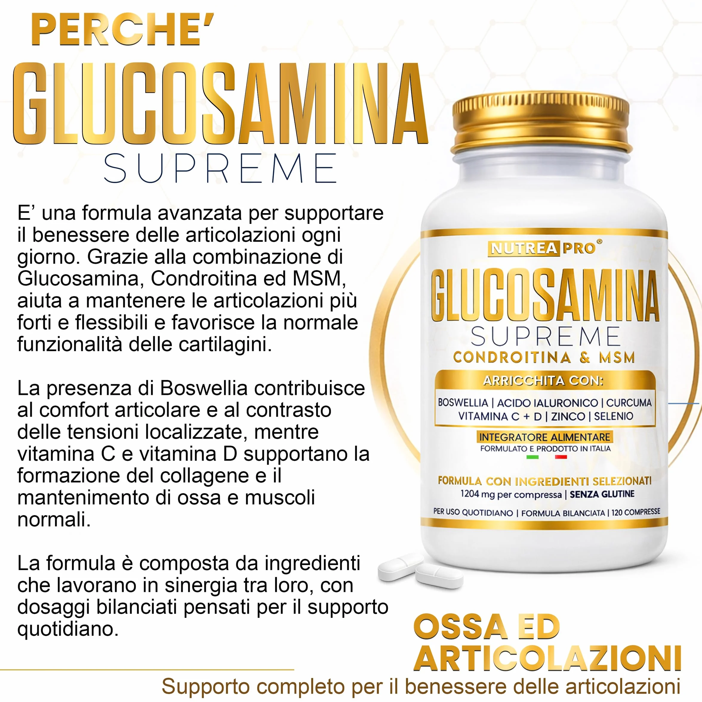 Glucosamina Condroitina MSM NUTREA PRO® | Formula Complex 2408 mg con Boswellia Serrata | 1000mg Glucosamina, 500mg Condroitina, 500mg MSM | integratore articolazioni e Mobilità | 120 Cps ITA