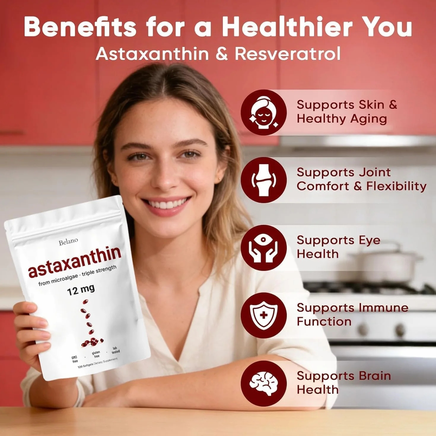 Astaxanthin Softgels 12mg 120 Compresse per Occhi Pelle Articolazioni
