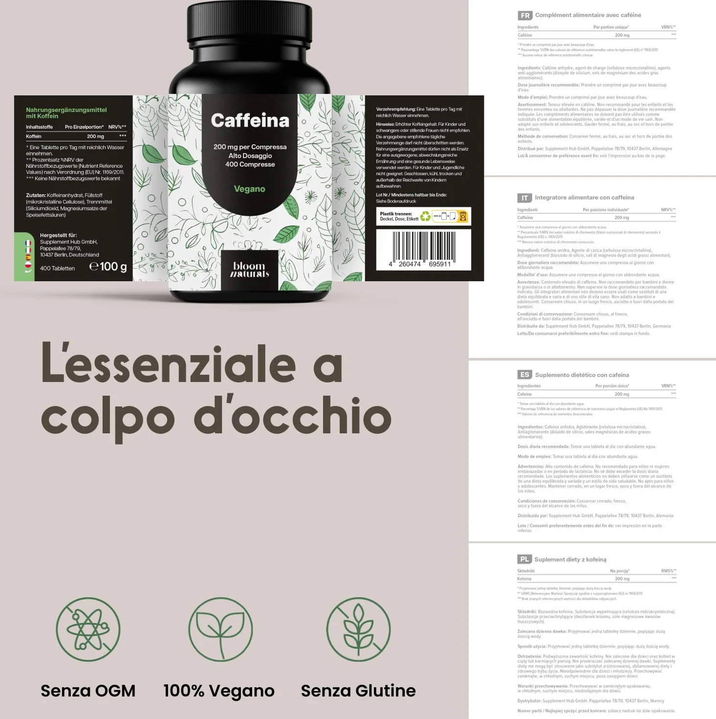 Caffeina Pura 400 Compresse 200 mg Alto Dosaggio Vegano Integratore