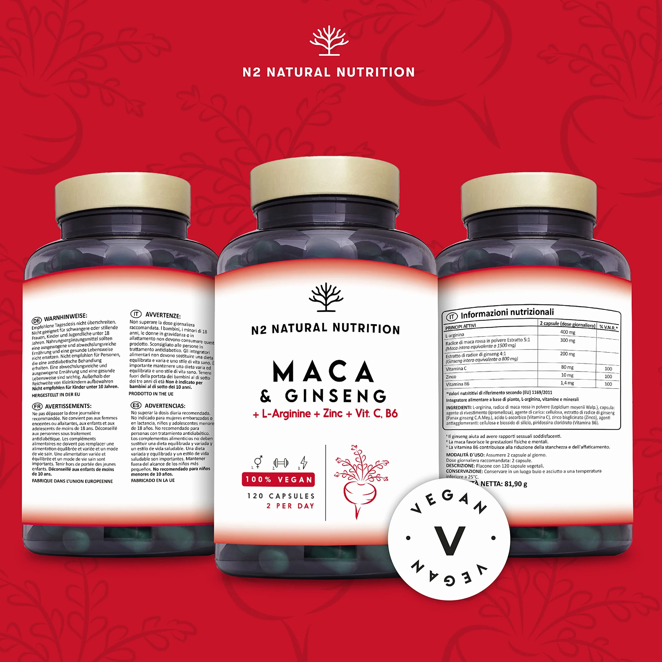 Maca Peruviana + Ginseng + L Arginina. Tripla Energia. Zinco + Vitamine C e B. Prestazioni sportive. Riduce Stanchezza e Fatica. Antiossidante. 120 Capsule. CE, Vegano, N2 Natural Nutrition