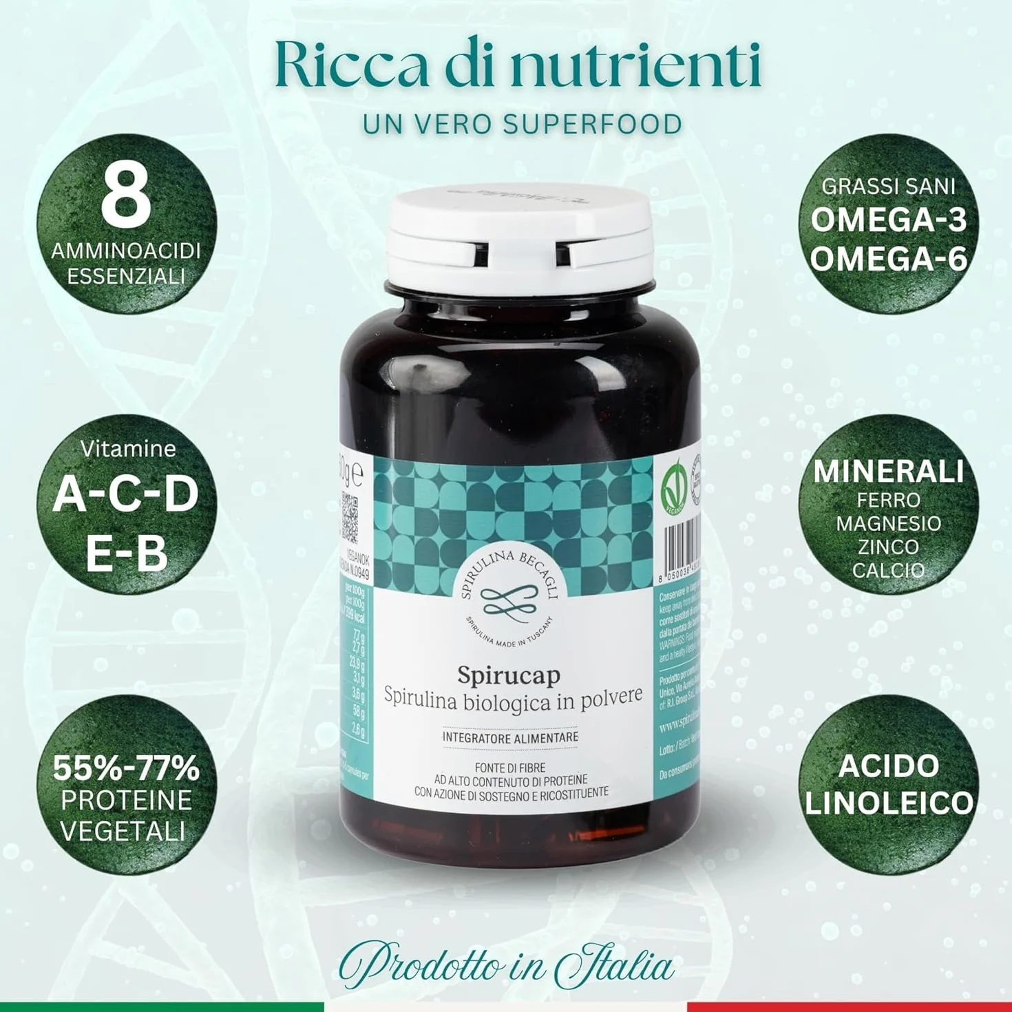 Spirulina Biologica Capsule Integratore Alimentare 100% Vegetale Coltivata in Toscana BECAGLI 180 Capsule