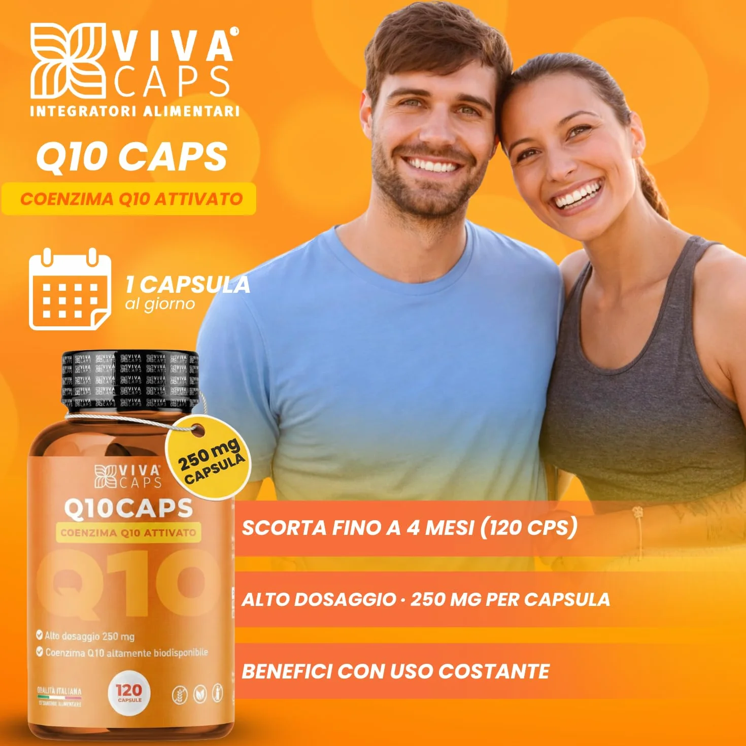 Coenzima Q10 250 mg per dose giornaliera 120cps 1 al giorno per 4 mesi, ubiquinone puro alta biodisponibilità - Made in Italy