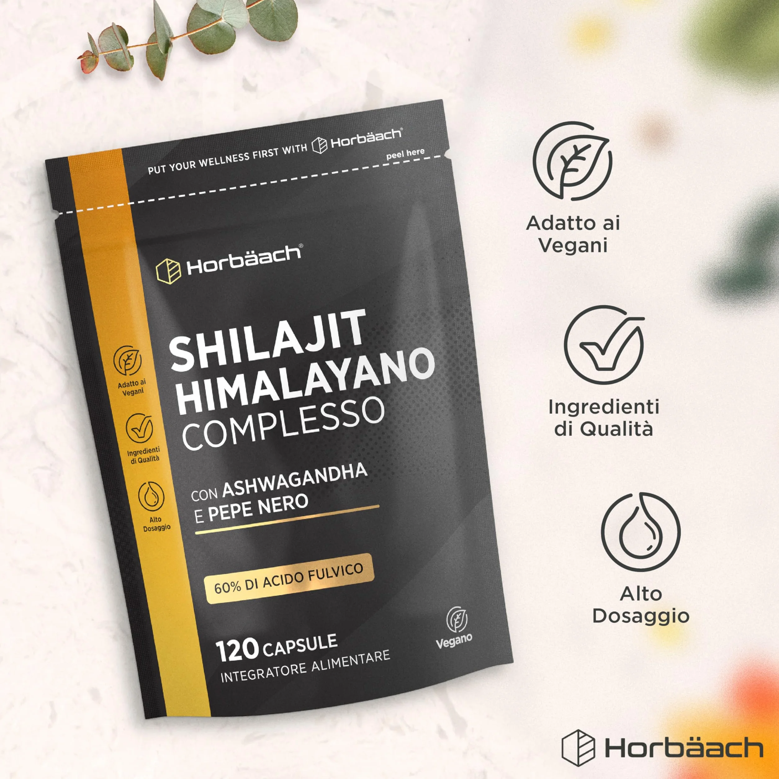 Shilajit Himalayano Puro Capsule | 1500 mg | 60% di Acido Fulvico | 120 Capsule Vegane | Integratore Alimentare di Estratto di Shilajit dalla Fonte Himalayana | Shilajit Complex | Horbaach