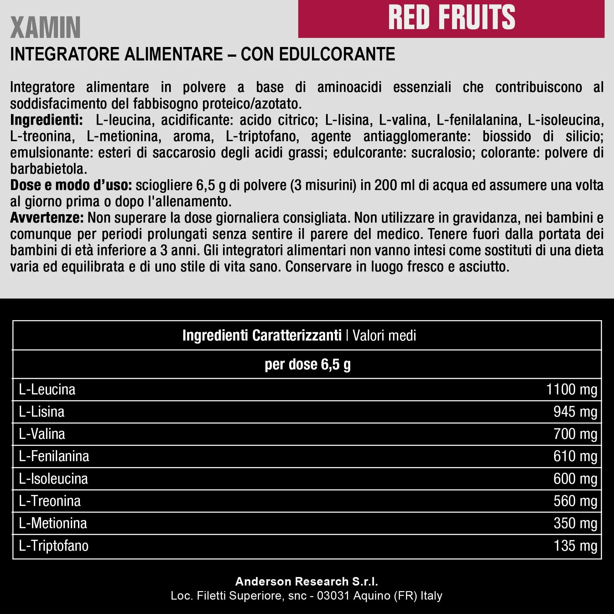 Anderson 312g Aminoacidi Essenziali - Red Fruit, 17.2% Leucina, 14.5% Lisina, 10.8% Valina, 9.4% Fenilalanina, 9.2% Isoleucina, 8.6% Treonina, 5.4% Metionina, 2.1% Triptofano - XAMIN