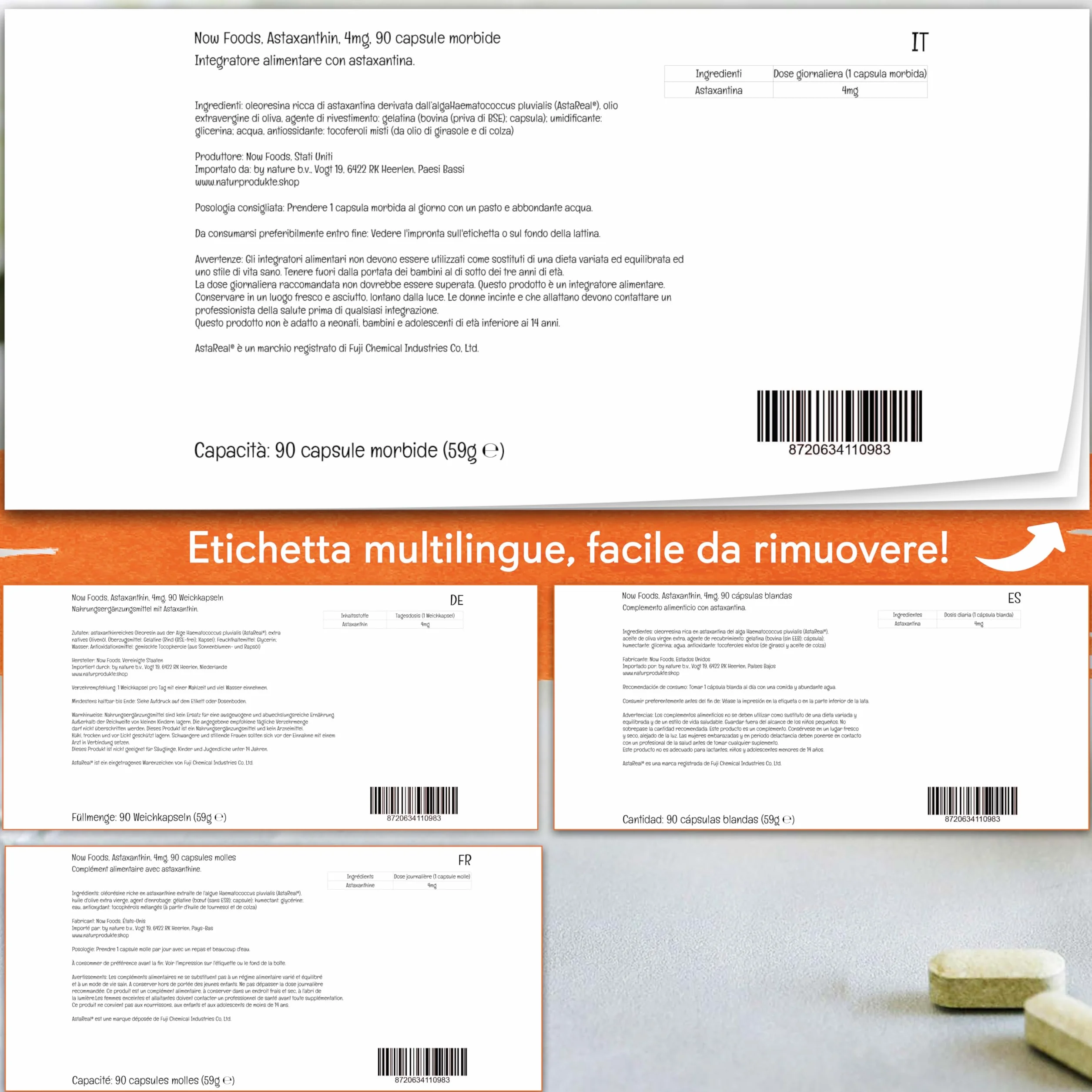 Now Foods Astaxanthin 4 mg 90 Capsule molli Carotenoide Non-GMO