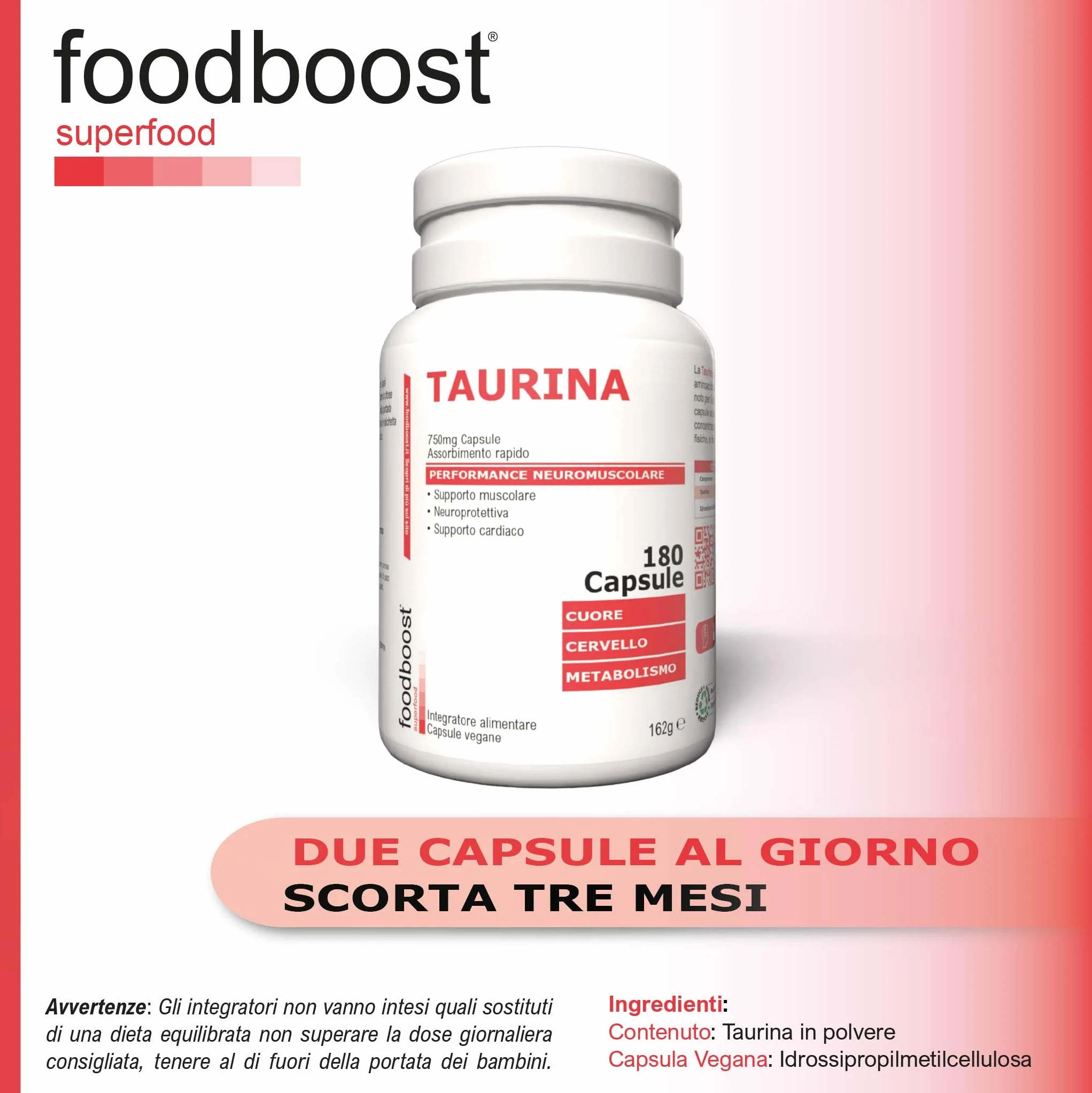 foodboost Taurina 750 mg - 180 Capsule Vegane (3 Mesi) - Integratore Energetico pre workout/post workout, Antiossidante, Supporto Benessere Cardiaco e Muscolare - Assorbimento rapido - Ø additivi