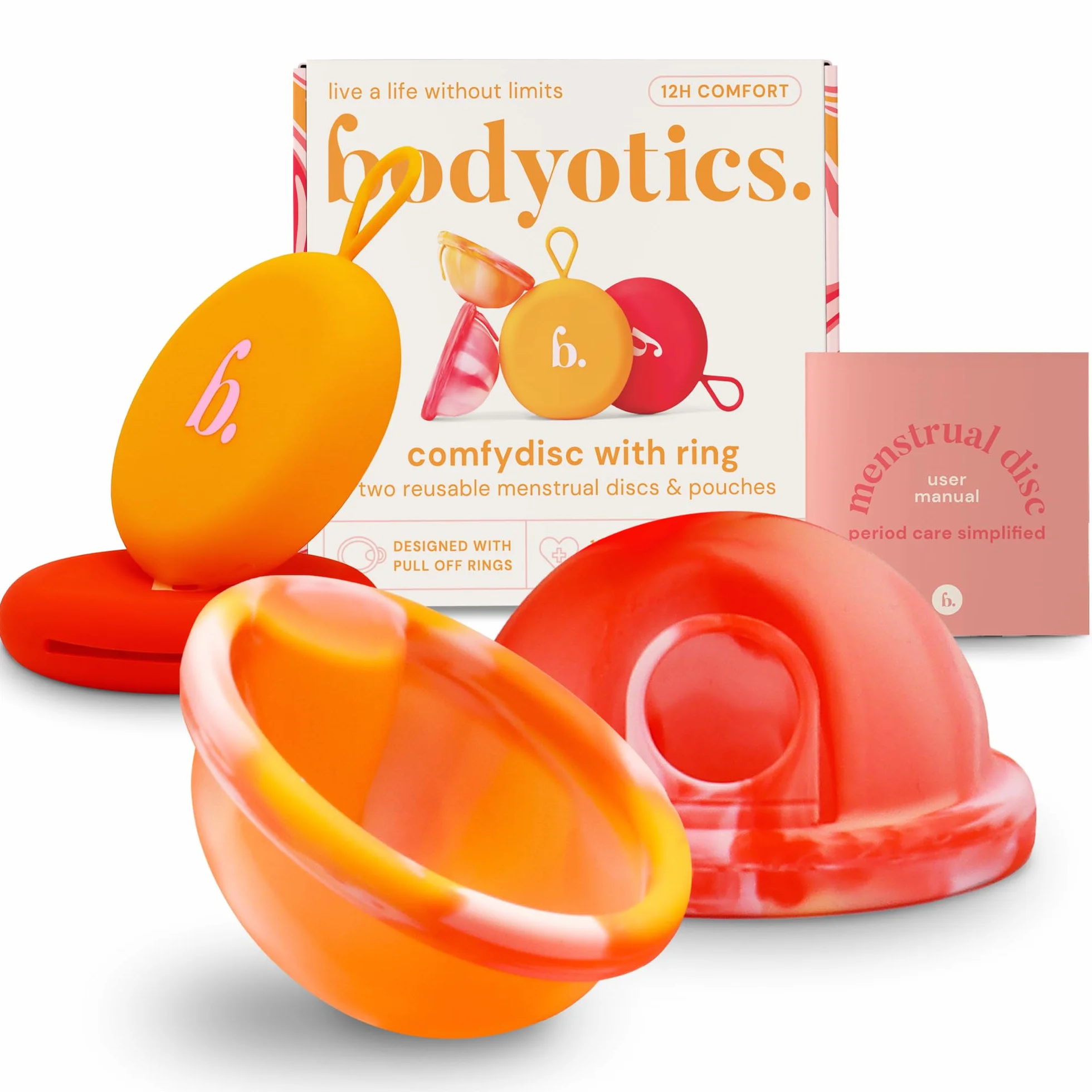 Bodyotics Dischi mestruali riutilizzabili, confezione da 2, taglie S e L - Più morbidi degli assorbenti - Comodi da indossare per 12 ore (rosso e arancione)