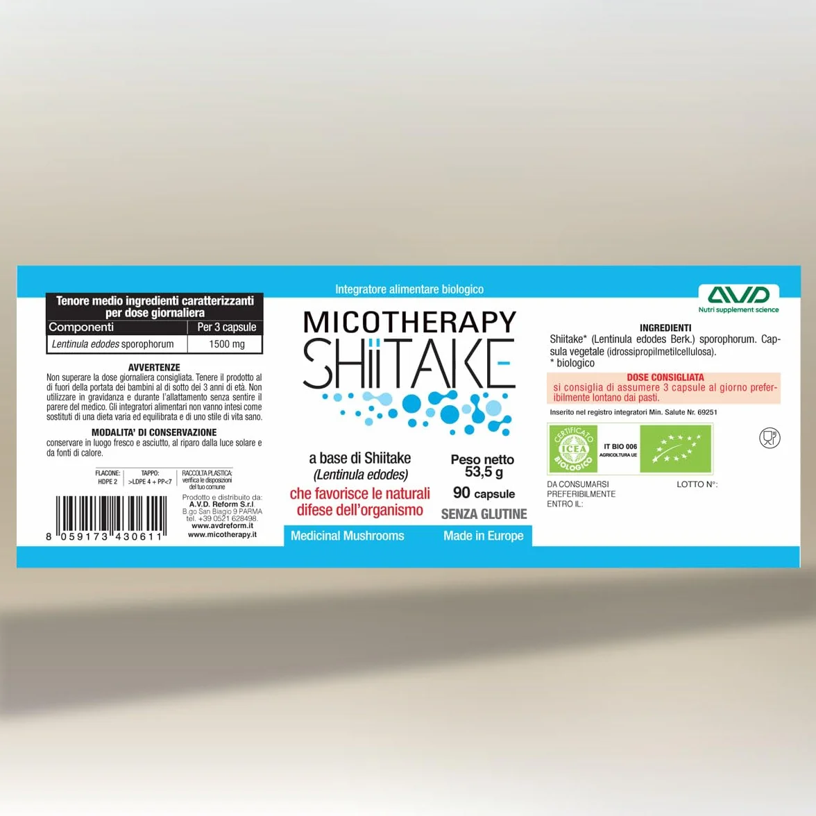 AVD REFORM | Micotherapy Shiitake – Integratore con Shiitake (Lentinula edodes) da coltivazione biologica per vitalità e difese naturali – 90 capsule – Prodotto in Italia