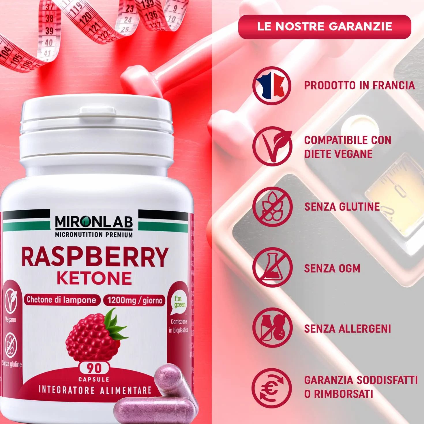 MIRONLAB Raspberry Ketone Pure 1200mg 90 Capsule - Alto dosaggio Chetoni di Lampone per Gestione Peso