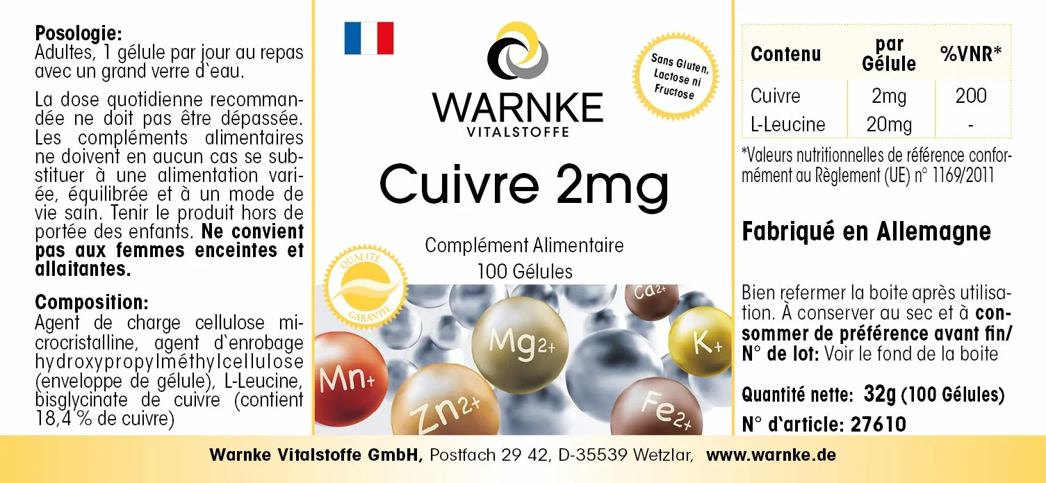 Rame 2mg - 100 capsule vegane da rame bisglicinato | Warnke Vitalstoffe - Qualità da farmacia tedesca