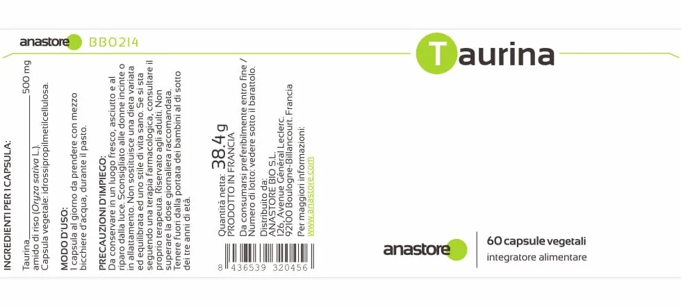 Taurina * 500 mg / 60 capsule * Adatto a vegani e vegetariani * Purezza garantita superiore al 99%