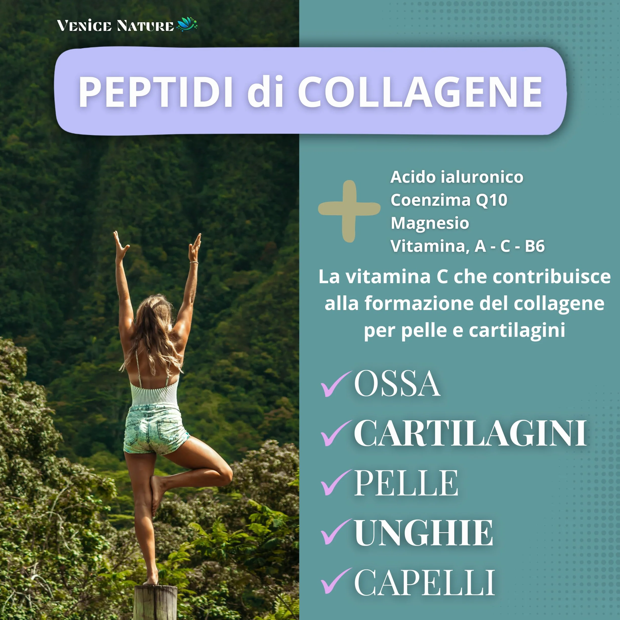 Collagene e Acido Ialuronico Integratore con Coenzima Q10 Vitamina C Magnesio Vitamina A B6 Collagen Venice Nature