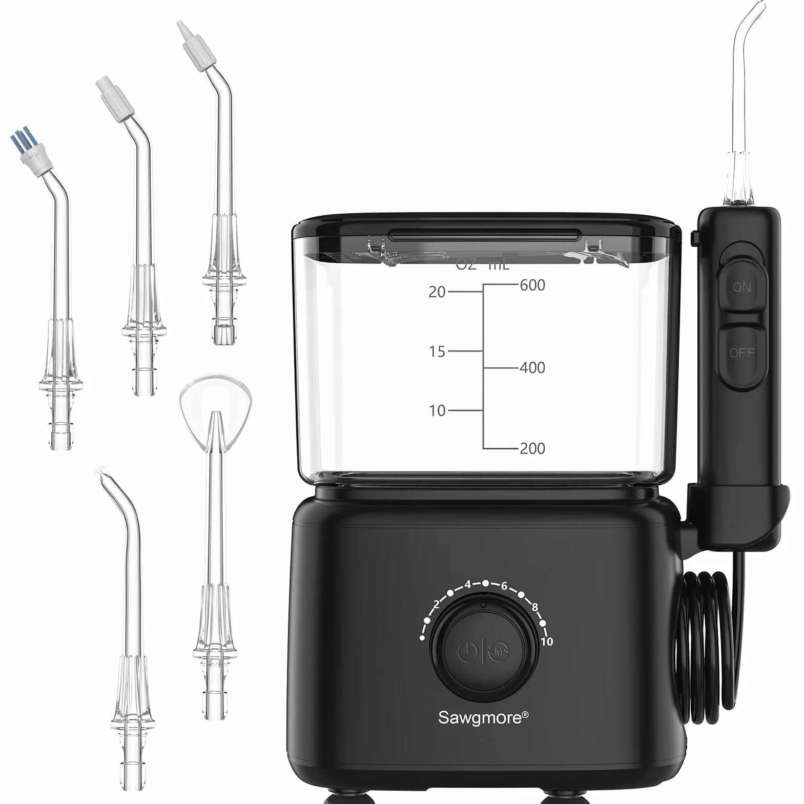 Sawgmore - Idropulsore Dentale con 10 livelli di pressione regolabili, capacità 600 ml, irrigatore orale con 5 punte multifunzione per la casa (nero)