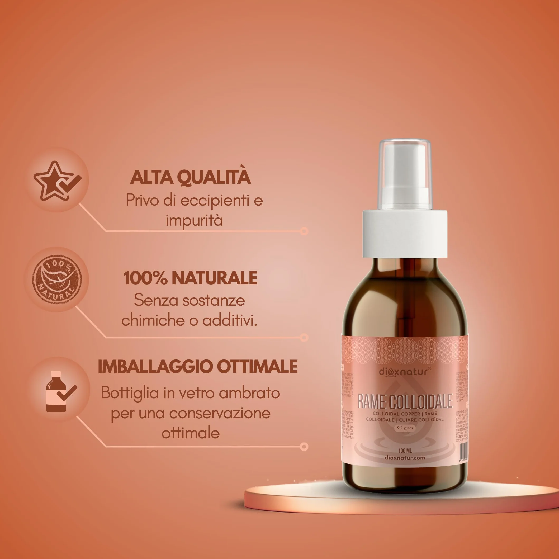 Rame Colloidale 100 ml - 20 ppm - 99,99% Purezza - Soluzione Liquida con Acqua Bidistillata - Flacone Vetro Ambra con Spray