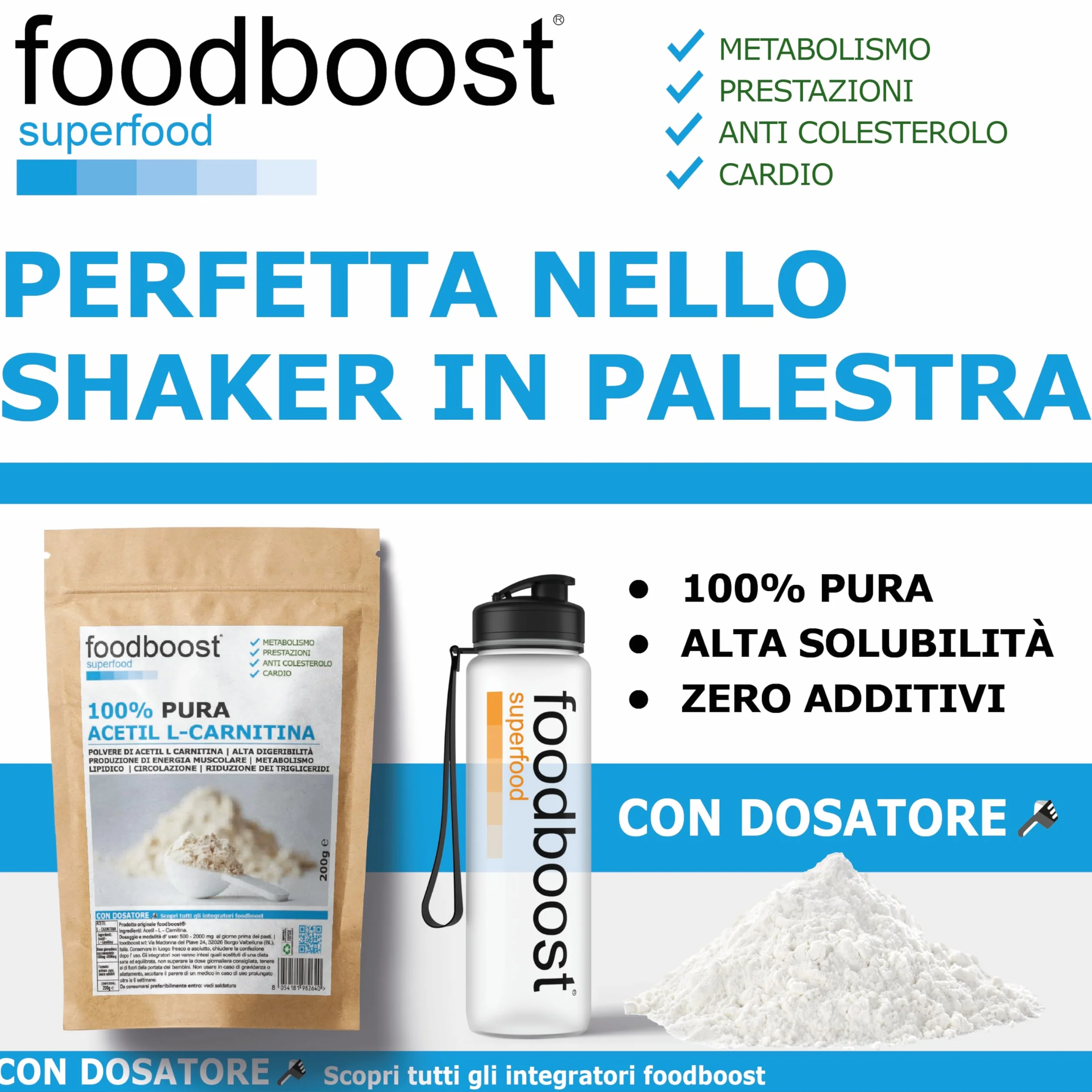 Acetil L-Carnitina pura in polvere 200g senza additivi per dimagrimento bruciagrassi pre workout 100 dosi