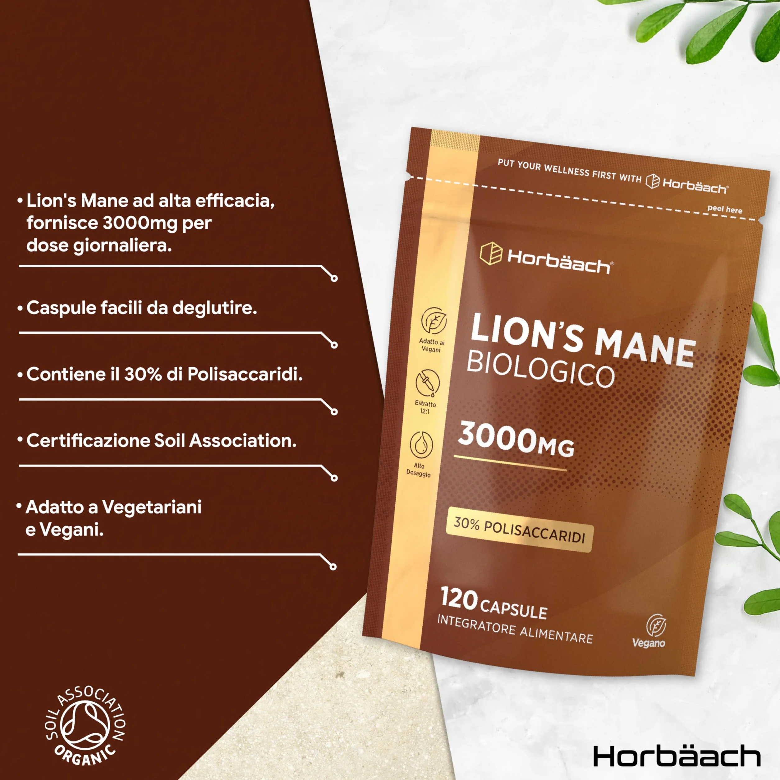 Lions Mane Bio 3000 mg | 120 Capsule Vegane | Hericium Erinaceus | Criniera di Leone Fungo Integratore | Estratto di Funghi ad Alto Dosaggio | Mushroom Supplement | Horbaach