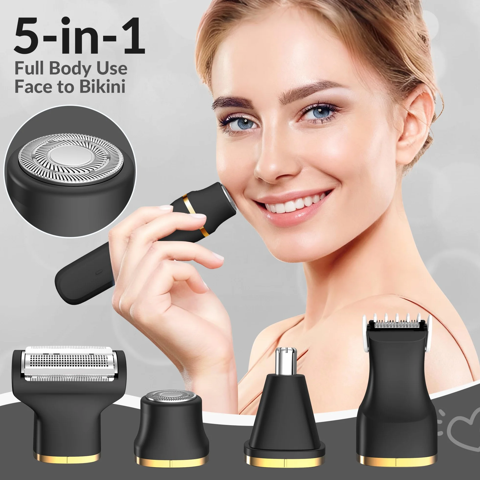 5 in 1 Rasoio elettrico per bikini da donna, impermeabile IPX7, senza fili, per corpo e viso, con lame in ceramica, kit per la depilazione indolore, Nero