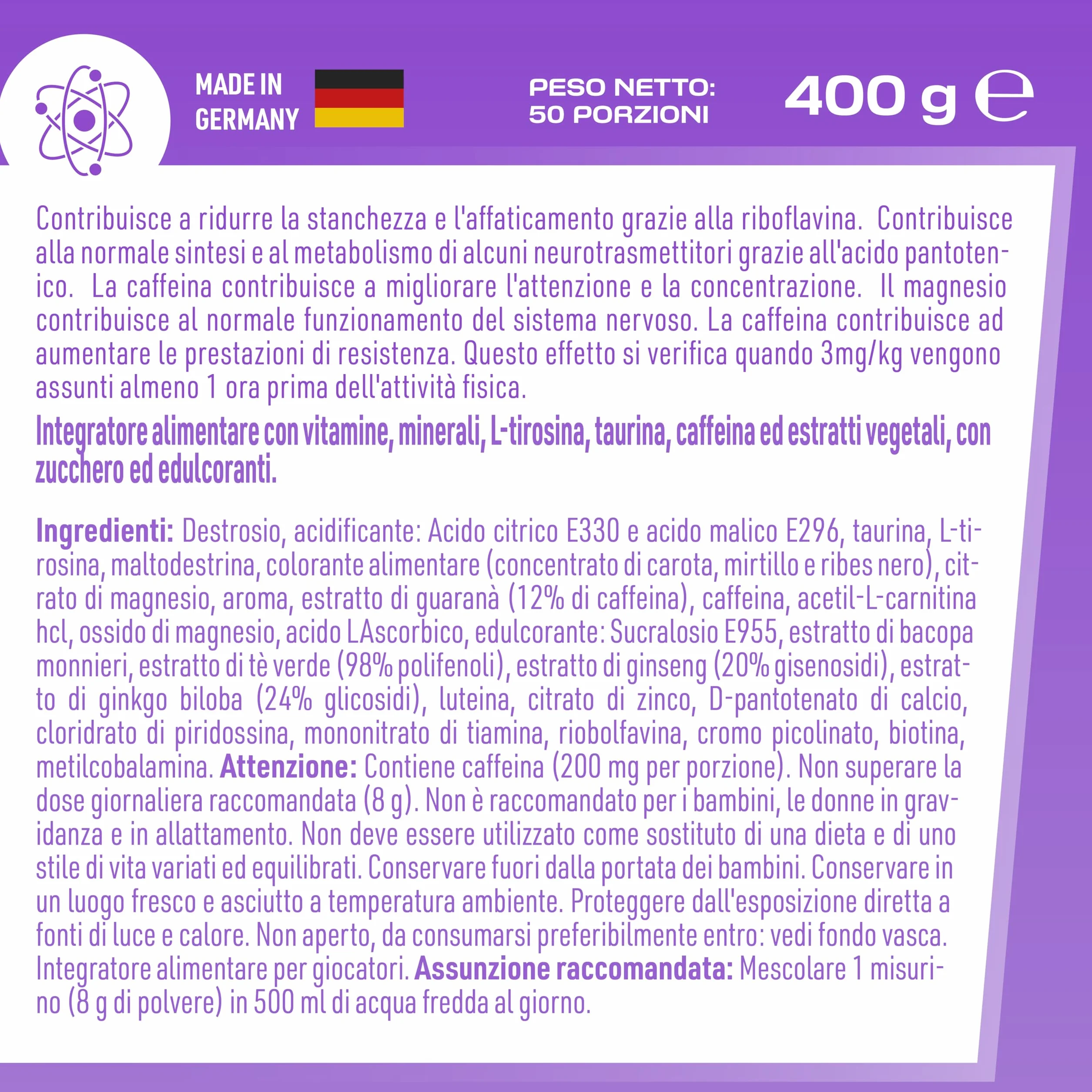 LOOT® - Booster di gioco premium con la formula Flow-State® | 50 porzioni (400g) con caffeina | 20 ingredienti ad alto dosaggio | Design unico | Concentrazione Resistenza Reattività | Lampone raro