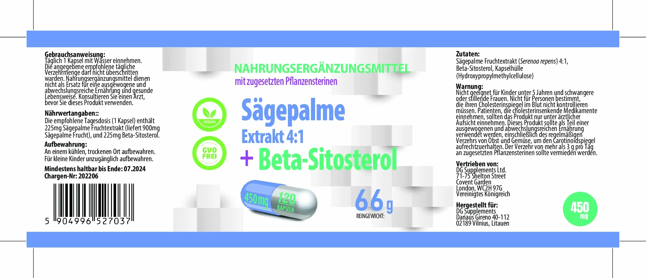 Hepatica Saw Palmetto 4:1 Beta-Sitosterolo 450 mg 120 capsule vegane Serenoa repens GMP