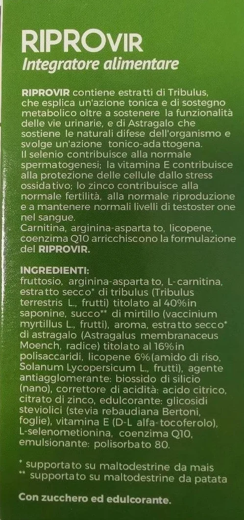 RIPROVIR integratore alimentare in bustine solubili con Tribulus, Astragalo, L-Carnitina, Zinco, Selenio, Coenzima Q10