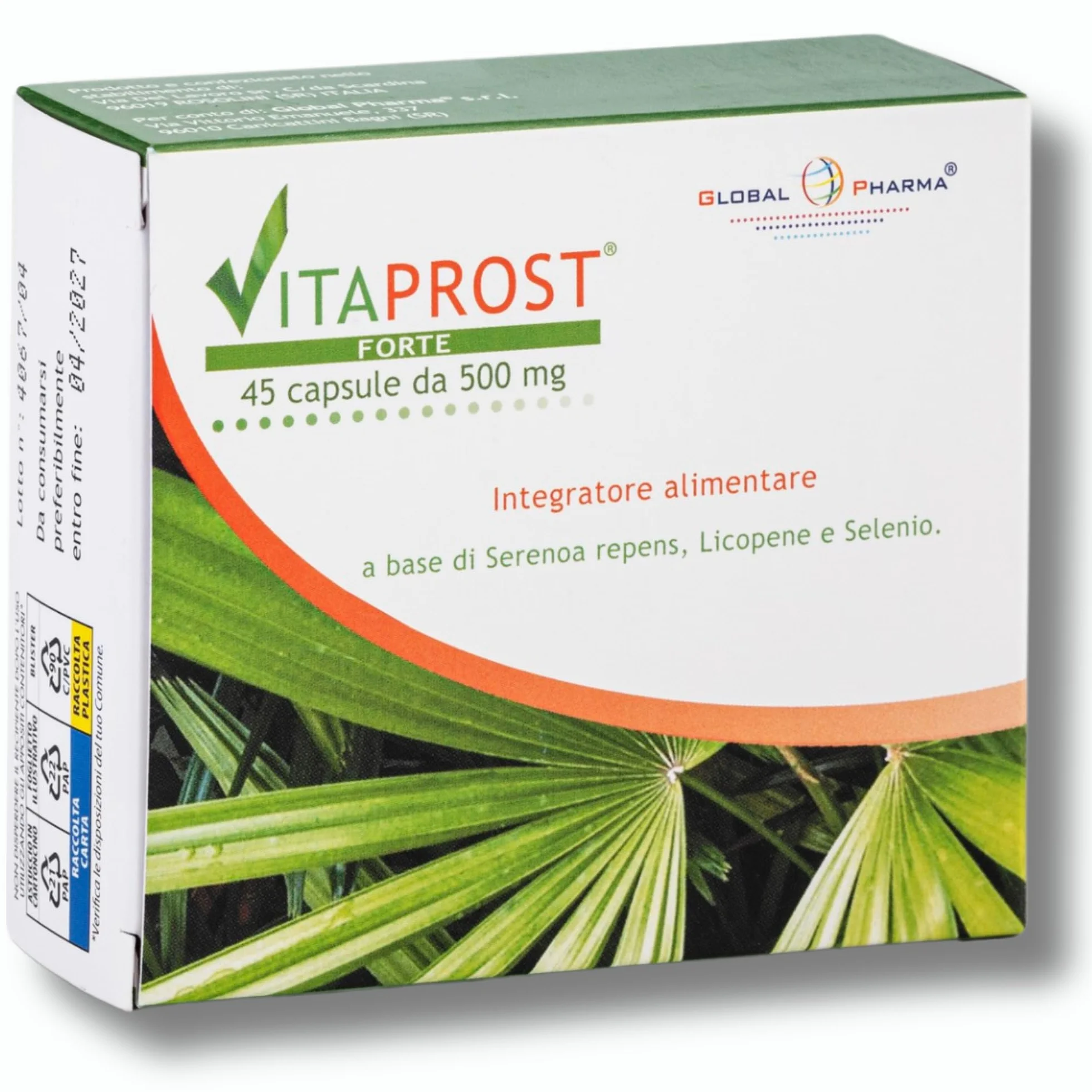 VITAPROST FORTE Global Pharma Integratore prostata 800mg SERENOA REPENS Saw Palmetto Licopene Selenio 45 Capsule