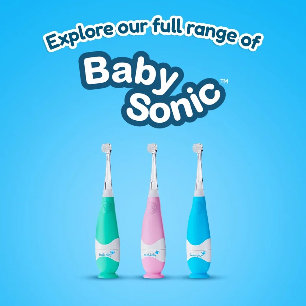 Brush-Baby - BabySonic - Spazzolino elettrico blu, 0-36 mesi, morbido e delicato, per gengive sensibili e denti nuovi, con luce LED e base di aspirazione, testine per neonati e bambini