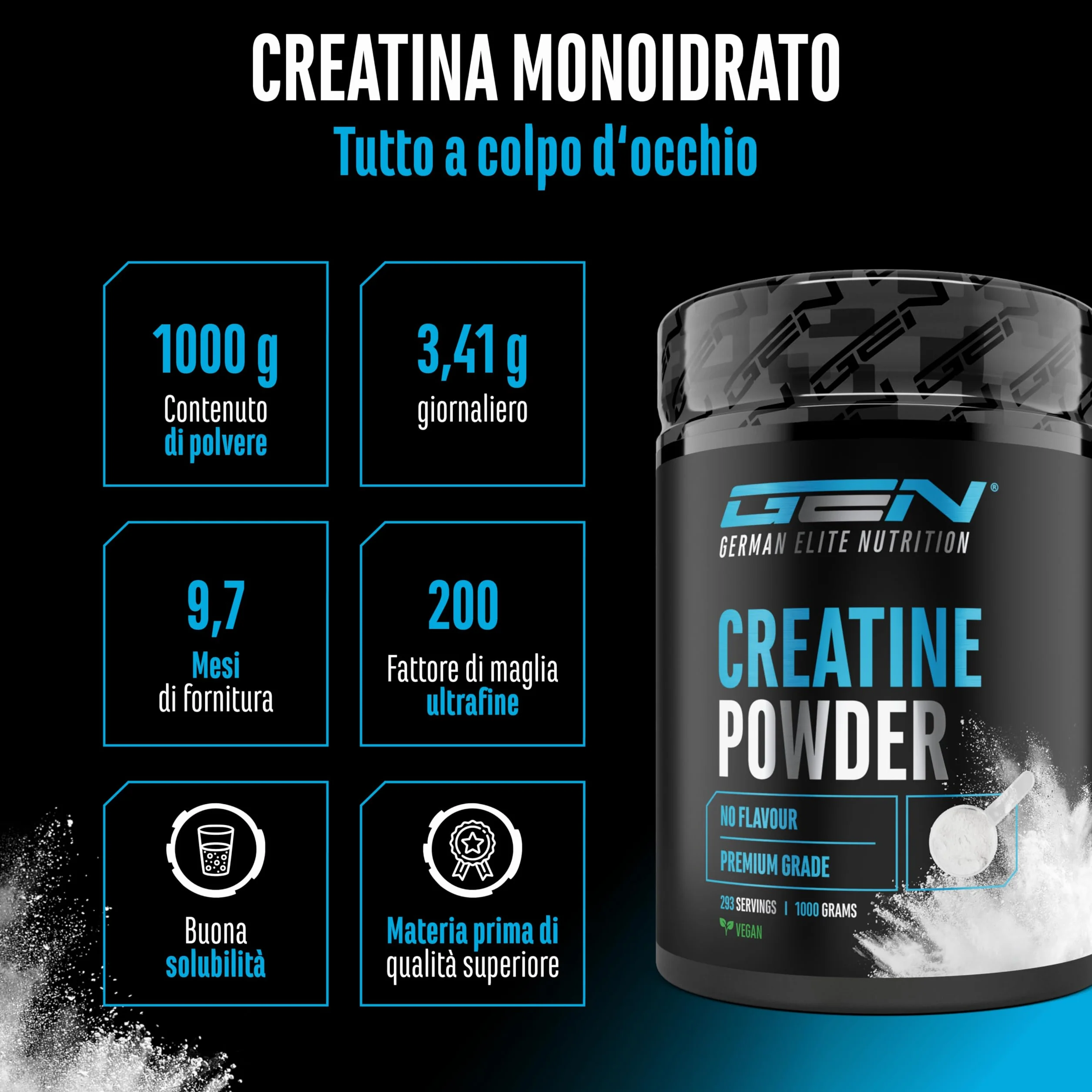Creatina Monoidrato in Polvere 1kg 1000g Microfine Vegan 293 Applicazioni